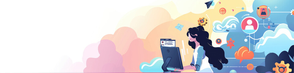 Woman sits at a desk working on a desktop computer with colorful cloud icons in the background