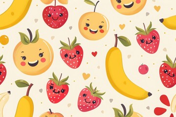 Background or wallpaper with pattern of smiling fruits of strawberries, bananas and apples
