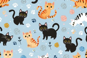 Cute background or wallpaper with pattern of playful cats and yarn