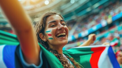 A happy fan at a public event in a stadium, holding an Italian flag with a smile and making a gesture, while enjoying the fun and leisure with a cheering crowd. AIG41