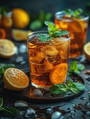 Cuba Libre or long island iced tea cocktail with strong drinks, cola, lime and ice in glass