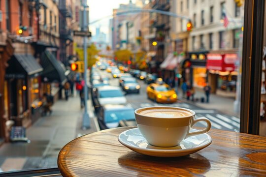 Coffee cup on cafe table with busy city street view