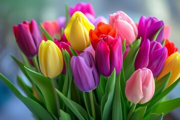Naklejka premium Fresh assorted tulips in vibrant colors arranged in a delightful spring bouquet