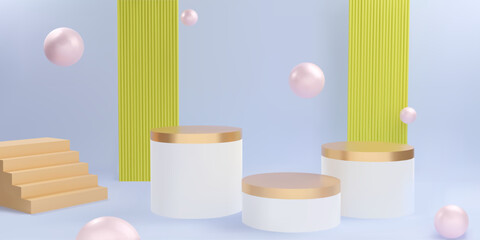 3d products podium scene background with geometric decorative elements. Realistic elegant stand for promotion and sales. Vector illustration of three pedestals
