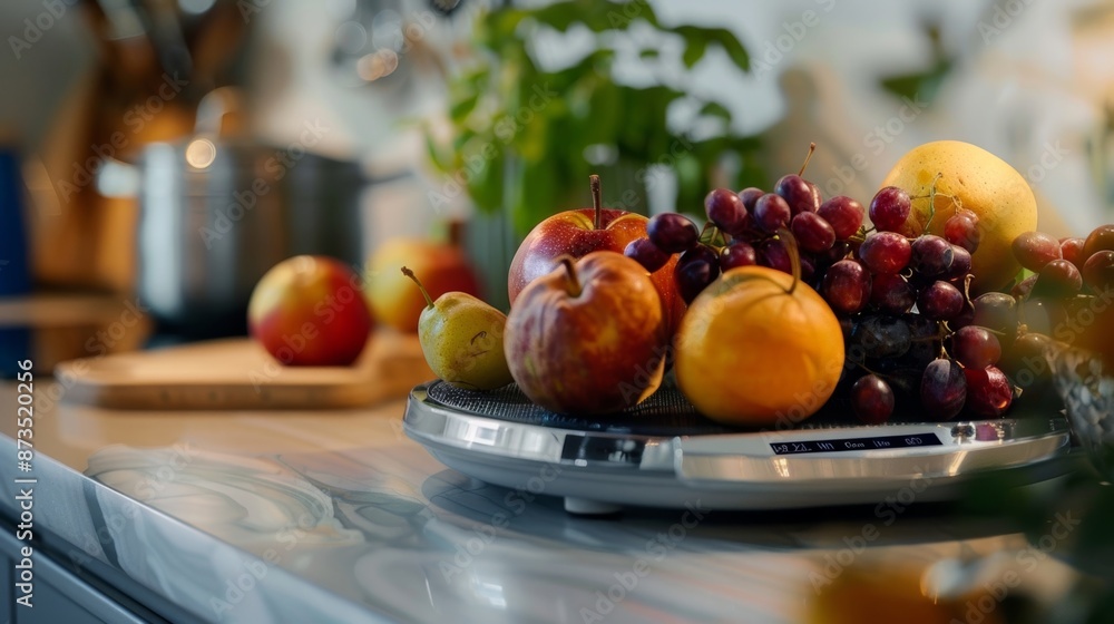 Poster a detailed shot of a smart scale with a digital readout and a sleek silver surface displaying a weig