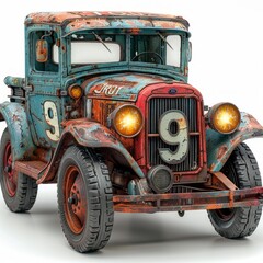 old, rusty truck sits abandoned, with assorted iron numbers painted on its worn exterior.