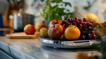 A detailed shot of a smart scale with a digital readout and a sleek silver surface displaying a weight of 2.3 pounds of fruit.