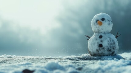 Sad little snowman made of dirty snow. Warm winter concept