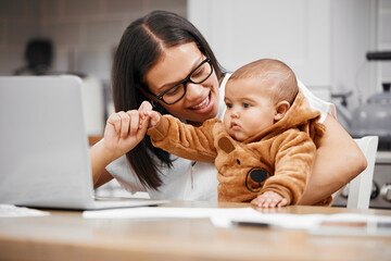 Laptop, playing and baby with mom, remote work and child care in freelance career in home office. Distraction, development and happy woman busy with infant, networking and online job in family house