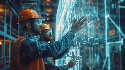 Construction Workers Analyzing Blueprint on Holographic Screen