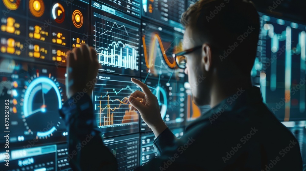 Poster business advisor analyzing financial data on a virtual kpi dashboard, with graphs and charts highlig