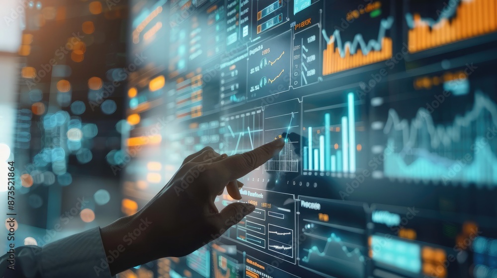 Poster businessperson using advanced technology to monitor financial data analytics on a virtual screen, sh