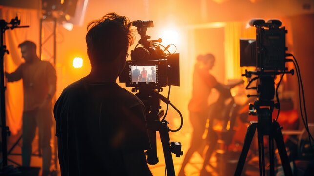 Behind-the-scenes silhouette of a director guiding a film crew during the making of a movie, with camera and lighting equipment in a studio