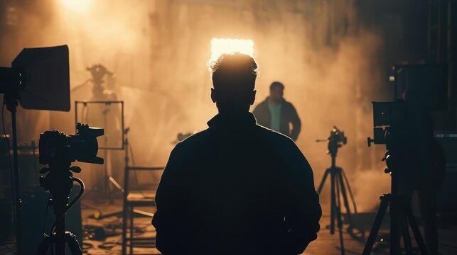 Behind-the-scenes silhouette of a director guiding a film crew during the making of a movie, with camera and lighting equipment in a studio
