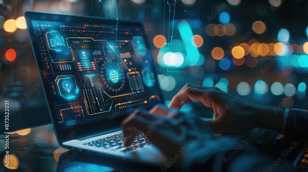 Poster close-up of a man's hands typing on a laptop, searching for information on smart open ai, with digit