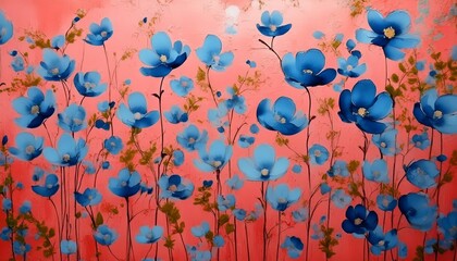 light pink background with blue petals yellow stamens green very thin stems , generated by AI. High quality photo