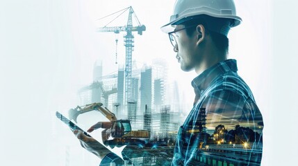 Construction manager holding a smart tablet with a double exposure of construction workers and advanced machinery, symbolizing future projects