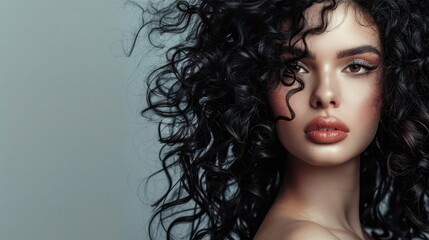 Fototapeta premium Fashionable young woman with voluminous dark curly hair and elegant makeup, exuding confidence on a modern grey banner background