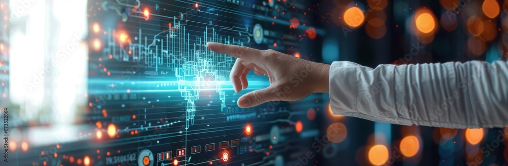 Poster businessman touching a virtual screen with business data and graphs on a transparent background, in 