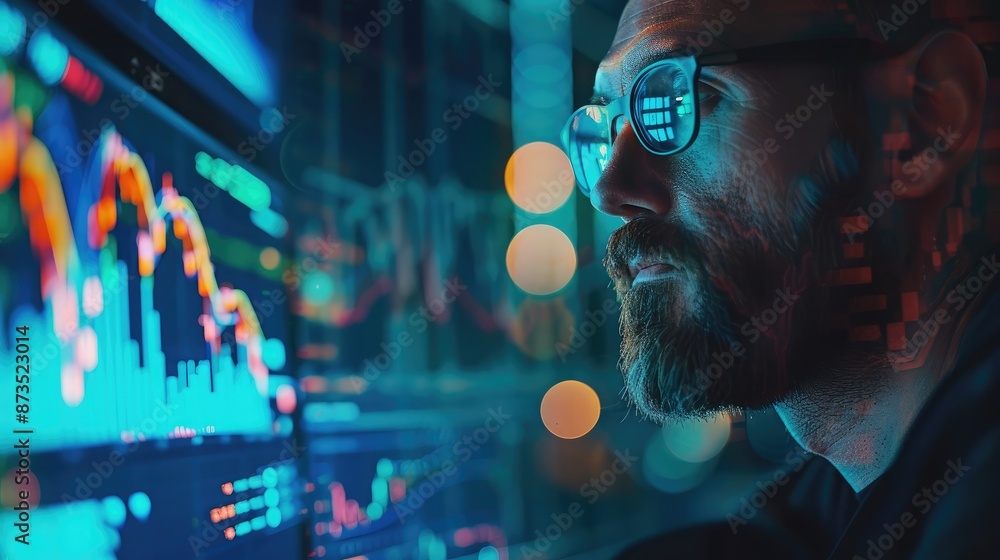 Poster stock market trader using a digital interface to monitor financial indicators and rising stock graph