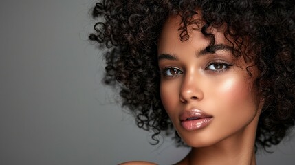 Fototapeta premium Stylish young woman with healthy, shiny dark curly hair and subtle makeup, looking poised and sophisticated on a grey backdrop