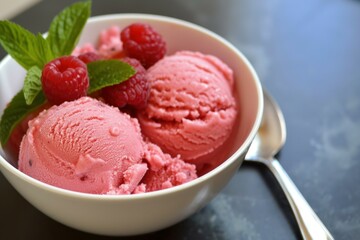 Fresh raspberry sorbet served with berries and mint leaf on a dark background
