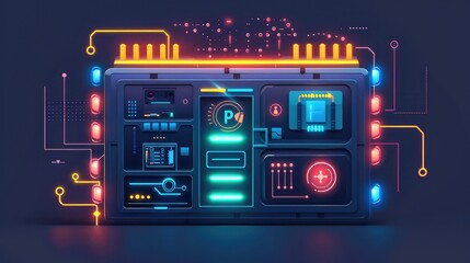 Futuristic Server Rack with Neon Circuitry