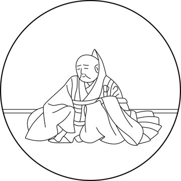 monk sitting, black and white, round frame clip art preview