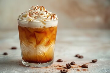 Ice coffee in a tall glass with cream poured over, ice cubes and beans on a dark concrete table