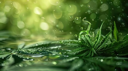 Dynamic Cannabis Oil Splash with Hemp Leaf