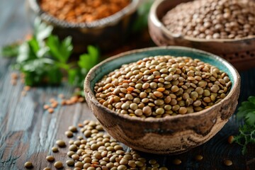Fototapeta premium Close-up of organic lentils in a rustic bowl, surrounded by herbs and pulses on dark wood