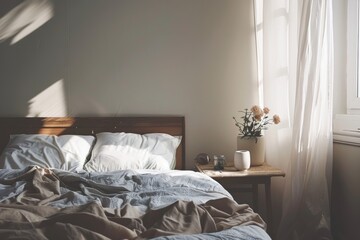 Bedroom interior with white linens, coffee cup and vase with flowers