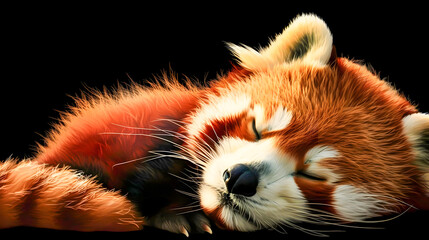 Obraz premium Sleeping Red Panda Curled Up in a Ball in a Peaceful Forest Environment with Lush Foliage and Blurred Background