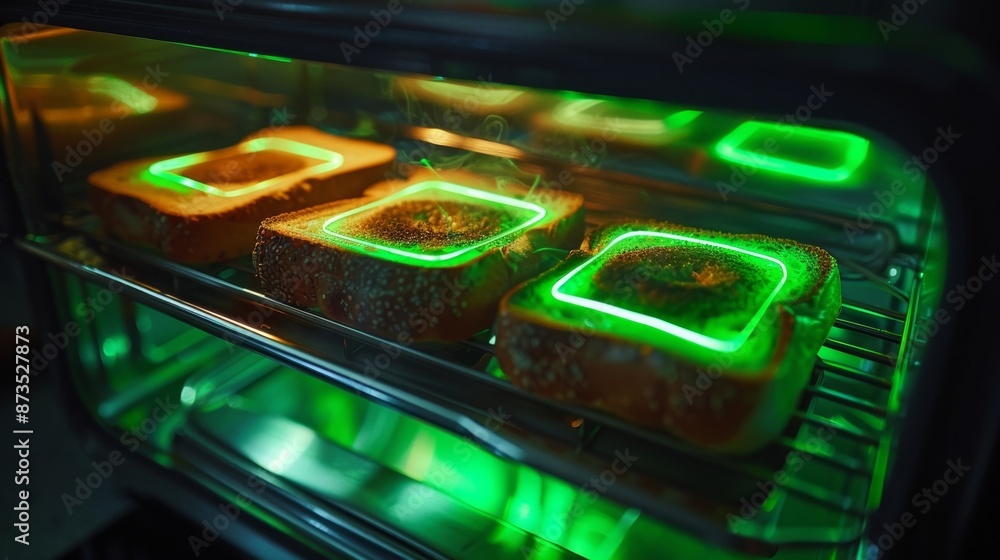 Poster the smart toasters touch screen illuminates with a green glow as it finishes toasting a batch of bag