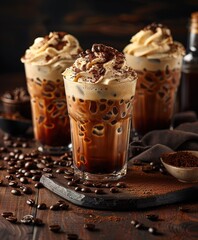 Ice coffee in a tall glass with cream poured over, ice cubes and beans on a dark concrete table