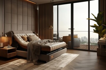 Horizontal adjustable bed mattress in luxury designed bedroom in the city condo