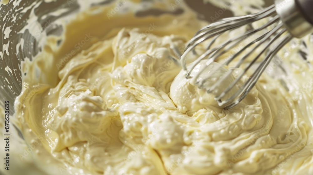 Poster a closeup of the rotating beaters shows them finely mixing ingredients in a bowl creating a smooth b