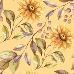 Fall sunflower seamless pattern with leaves and berries on the yellow bright background. Hand drawn watercolor autumn floral illustration in green and orange colors for fabric and paper design.
