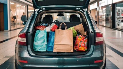 Shopping bags and supplies inside family car trunk at a shopping mall parking.
