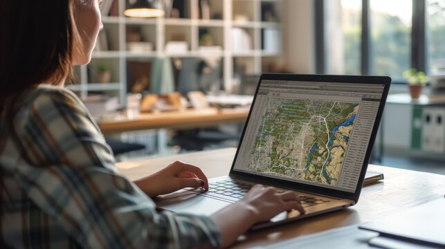Woman working with cadastral map on laptop at table in office