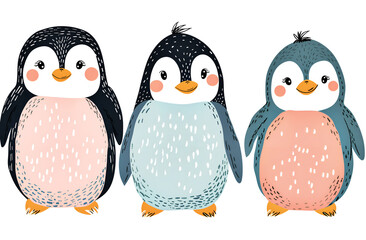 Fototapeta premium Set of cute penguins on a white background with pastel colors. 