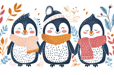 Obraz premium Set of cute penguins on a white background with pastel colors. 