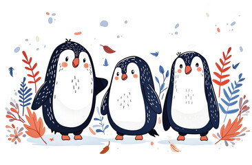 Obraz premium Set of cute penguins on a white background with pastel colors. 