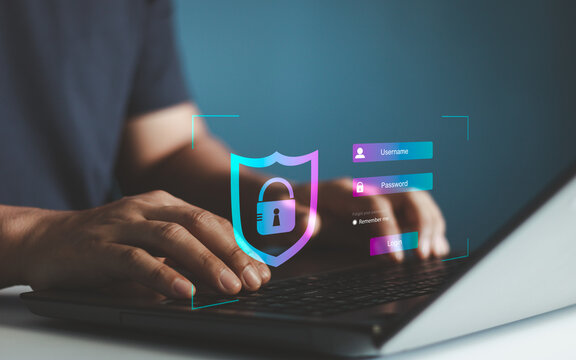 cyber security login and password concept. User type login and password, keeping user personal data safe, data protection, secure internet access, cybersecurity. Business and person confidentiality.