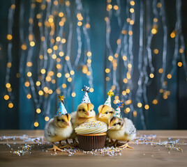 baby chicks with a birthday cupcake, christmas