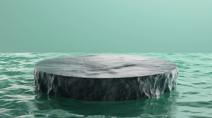 Presentation of product. Stone podium in water on green background, top view. Space for text