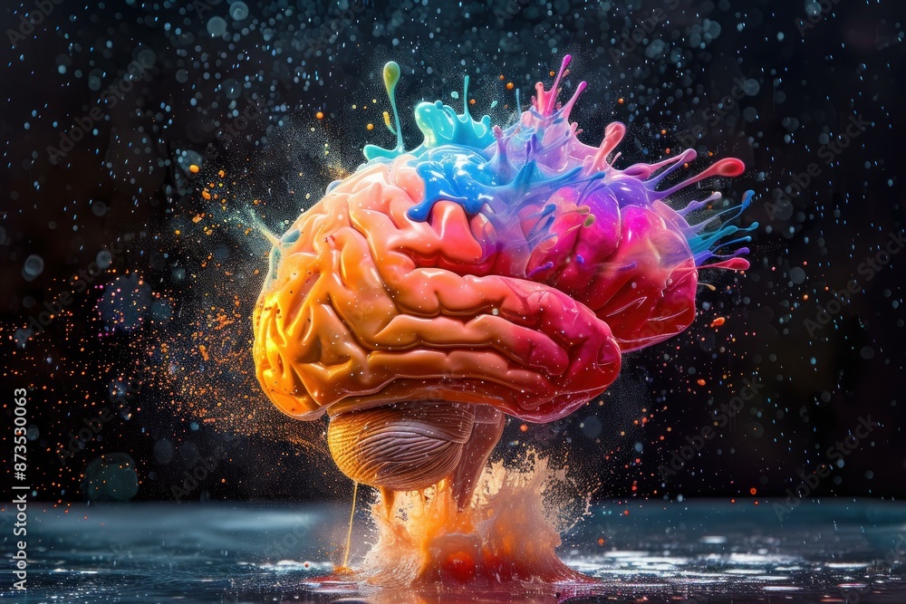 Poster a visual metaphor for creative thinking with a brain sculpture and dynamic paint splashes