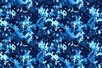 A digital blue camouflage pattern with varying shades of blue. This seamless tile is designed to blend into aquatic environments, ideal for marine or navy-themed projects.