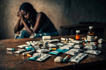 Medication and drugs on table, young depressed African woman becoming addicted to medicine and narcotic drugs and needs mental support. Mental health awareness, drug addiction due to depression