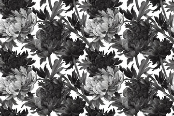 A monochromatic floral pattern with large, lush flowers and detailed leaves. The black and white seamless design is bold and sophisticated.